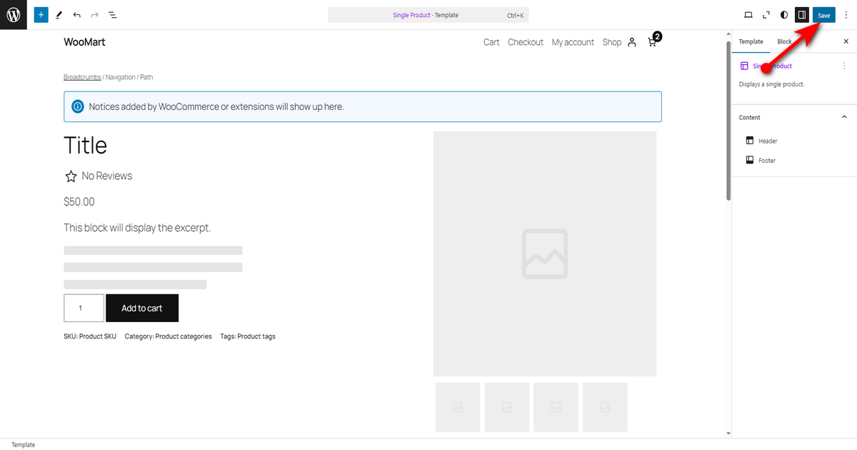 Click the save button of single product page