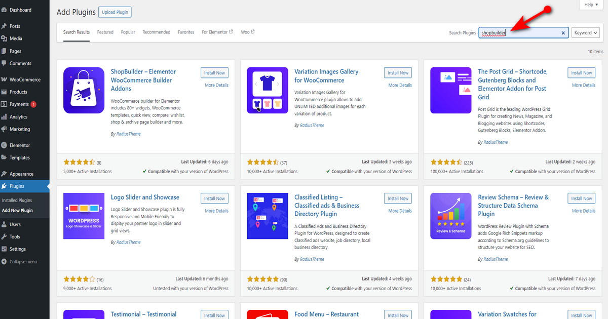 Search for shopbuilder in the search plugins field