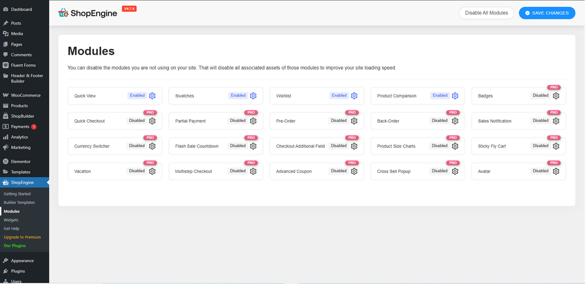 Screenshot of ShopEngine modules