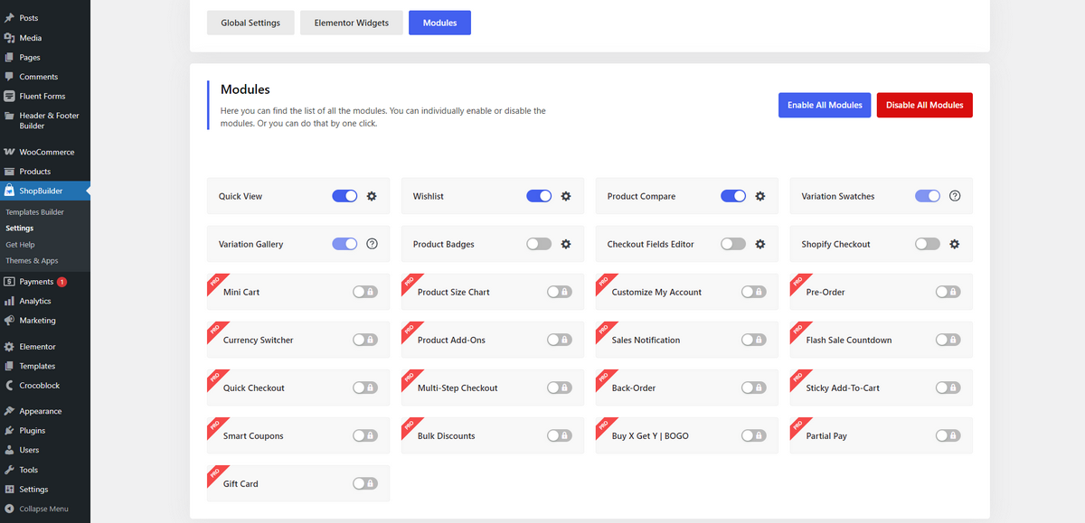 Screenshot of Modules