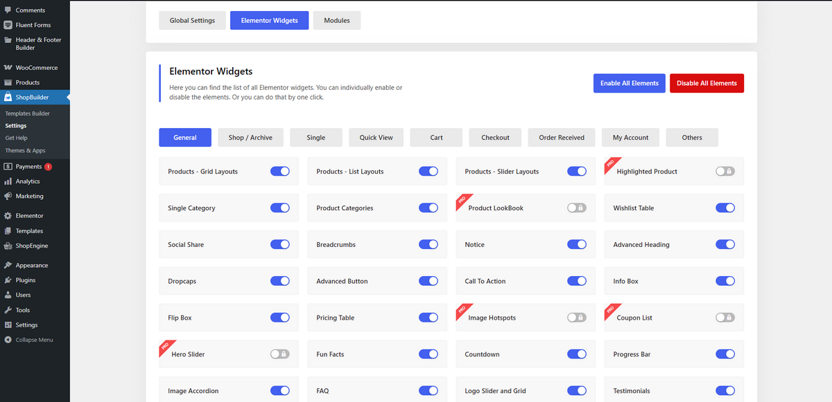 Screenshot of ShopBuilder widgets