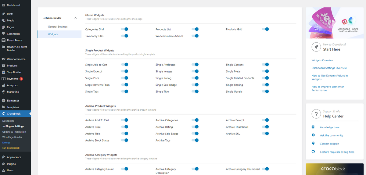 Screenshot of JetWooBuilder widgets