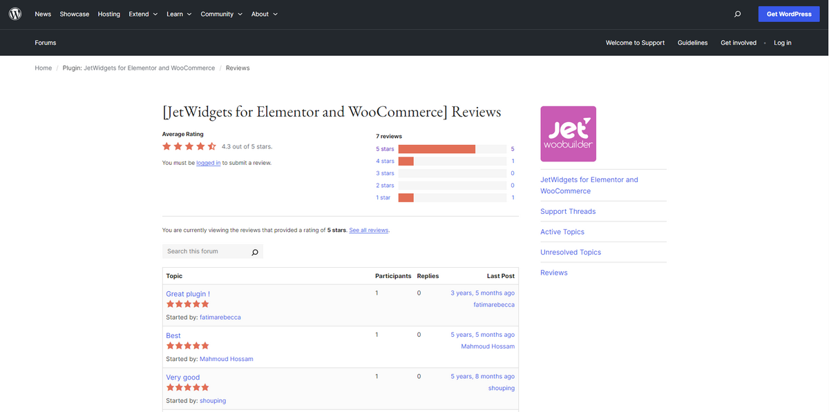 Screenshot of JetWooBuilder reviews