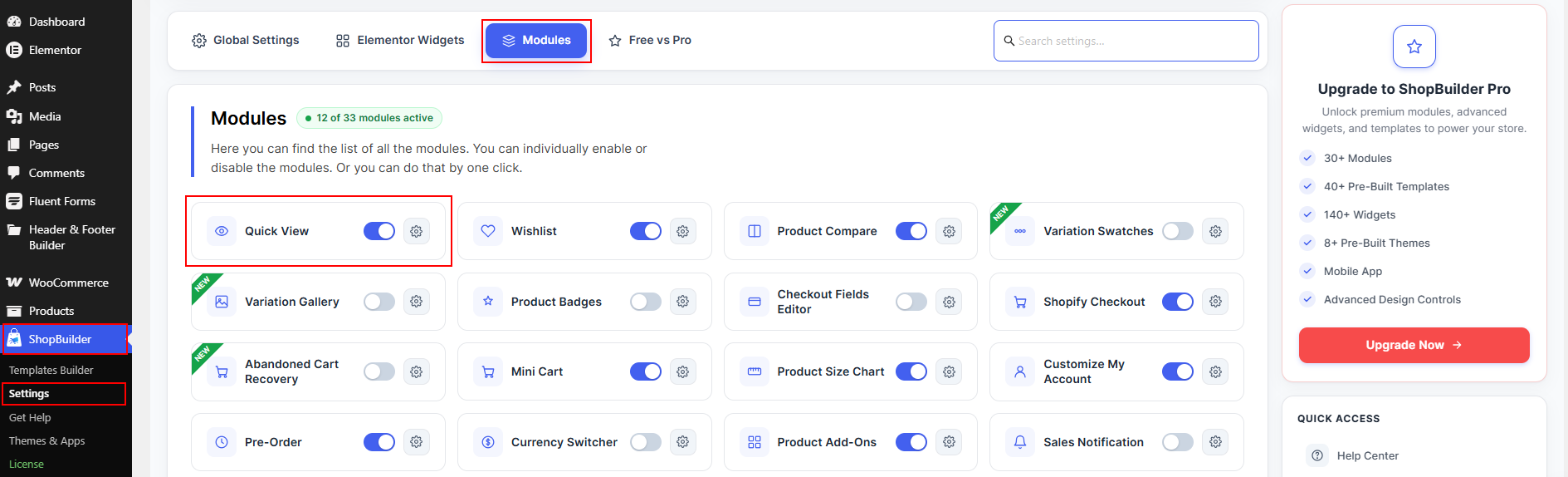 Activate quick view module