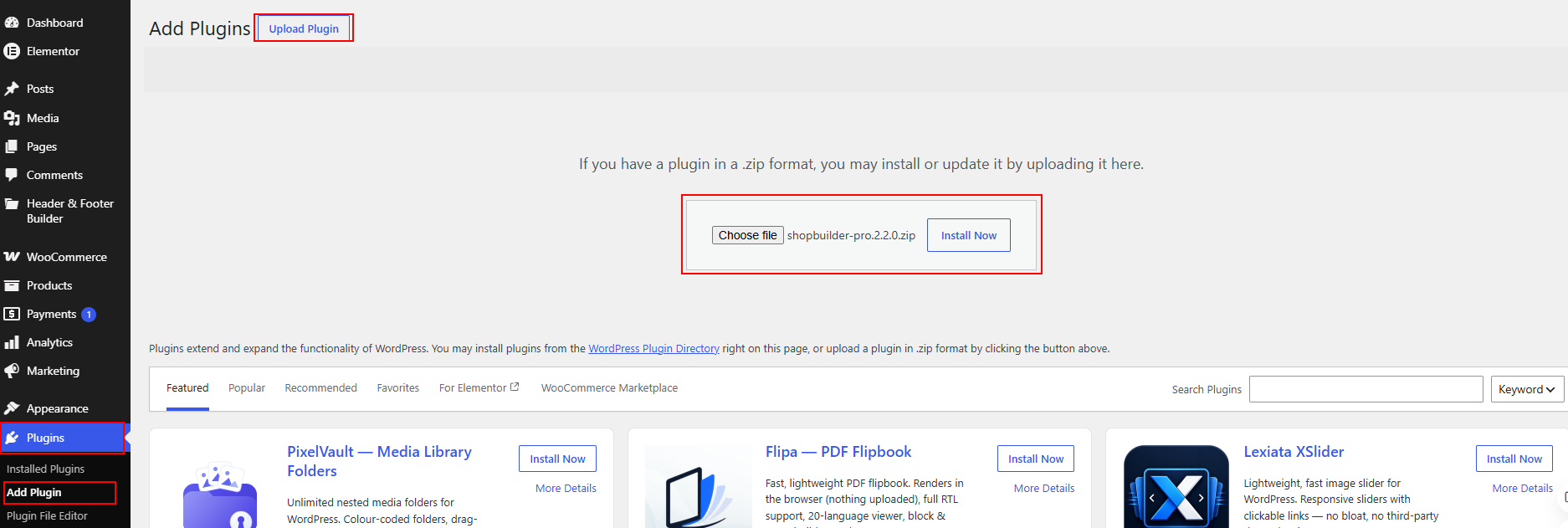 Upload shopbuilder pro plugin