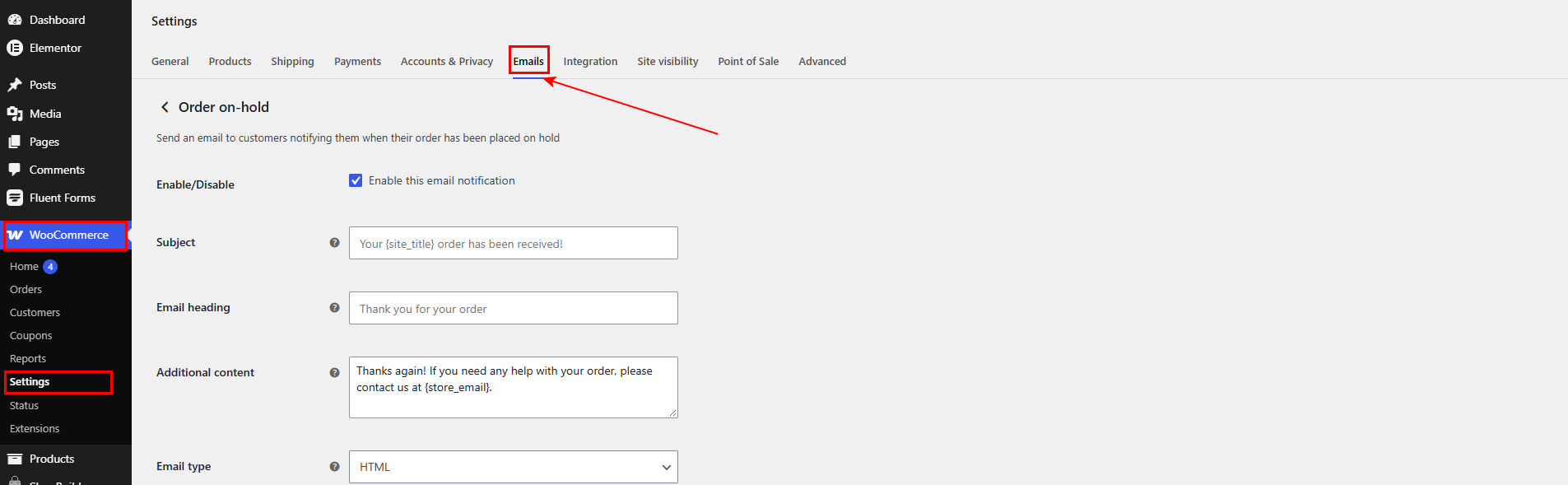 Customize the Customer note email