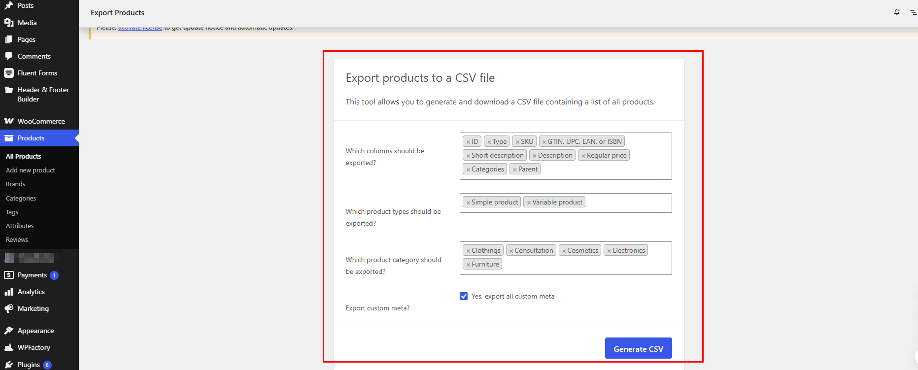 Export products to a CSV file